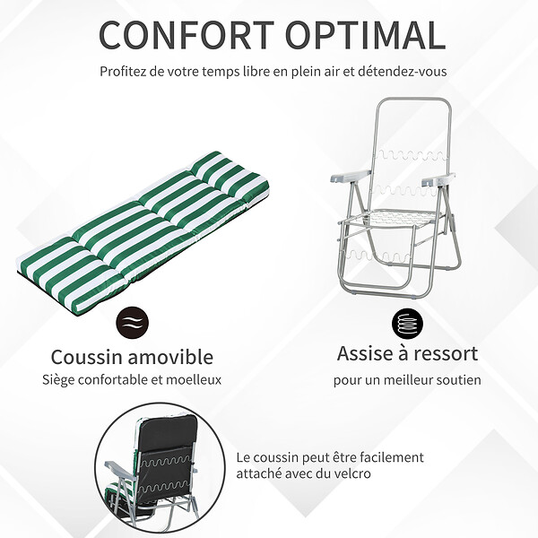 OUTSUNNY - Lot de 2 chaise longue bain de soleil adjustable pliable transat lit de jardin en acier vert + blanc - large