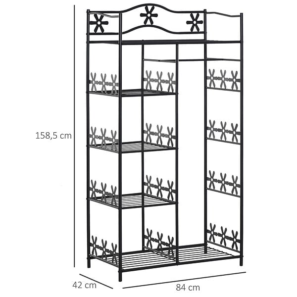HOMCOM - Armoire penderie multi-rangement - 5 étagères - dim. 84L x 42l x 158,5H cm - métal noir motif fleurs 2 rideaux blanc - large