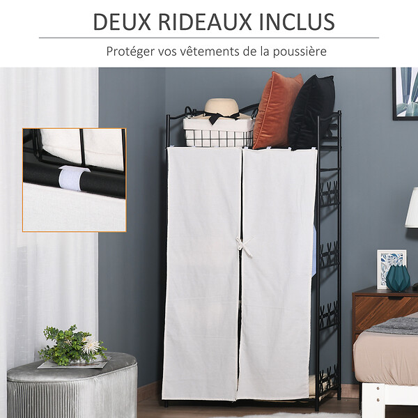 HOMCOM - Armoire penderie multi-rangement - 5 étagères - dim. 84L x 42l x 158,5H cm - métal noir motif fleurs 2 rideaux blanc - large