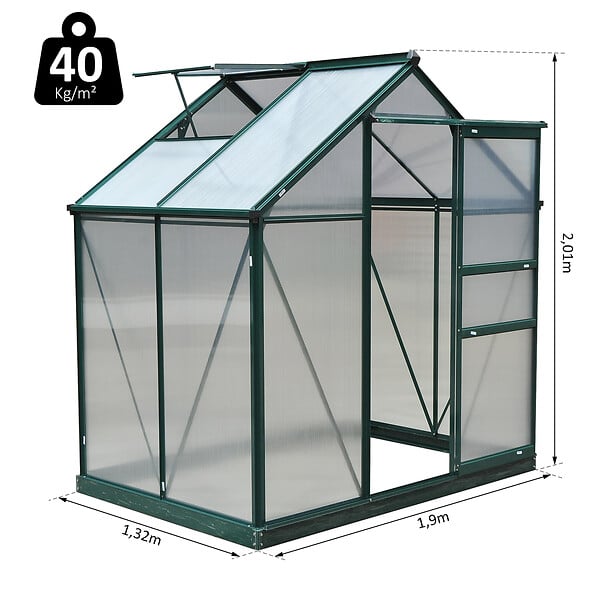 OUTSUNNY - Serre de jardin aluminium polycarbonate 2,51 m² dim. 1,9L x 1,32l x 2,01H m lucarne, porte coulissante + fondation incluse alu. vert polycarbonate transparent - large