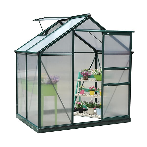 OUTSUNNY - Serre de jardin aluminium polycarbonate 2,51 m² dim. 1,9L x 1,32l x 2,01H m lucarne, porte coulissante + fondation incluse alu. vert polycarbonate transparent - large