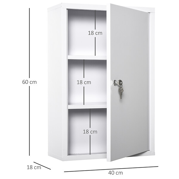 KLEANKIN - Armoire à pharmacie 2 étagères 3 niveaux verrouillable dim. 40L x 18l x 60H cm 2 clés métal blanc - large