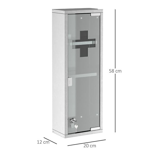 KLEANKIN - Armoire à pharmacie 2 étagères 3 niveaux 20L x 12l x 58H cm porte verre trempé symbole croix acier inox. - large