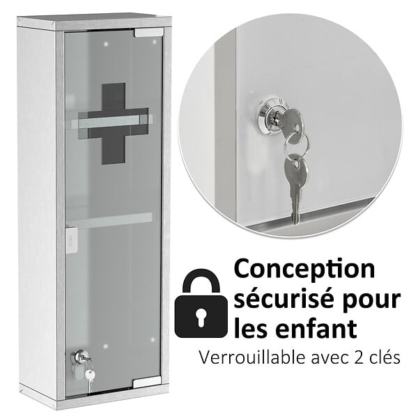 KLEANKIN - Armoire à pharmacie 2 étagères 3 niveaux 20L x 12l x 58H cm porte verre trempé symbole croix acier inox. - large