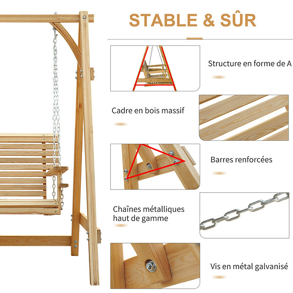 OUTSUNNY - Balancelle de jardin 2 places dim. 1,8L x 1,2l x 1,85H m accoudoirs supports verres bois de mélèze pré-huilé - large