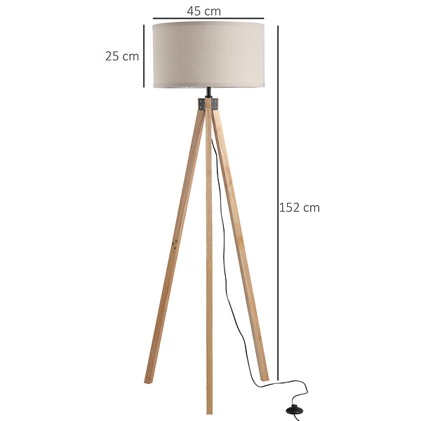 HOMCOM - Lampadaire trépied style scandinave 40 W max. dim. 45L x 45l x 152H cm bois de pin lin beige - large