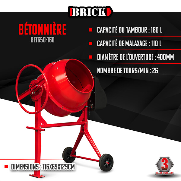 BRICK - Bétonnière 650w - Capacité du tambour 160L - Avec roues - large