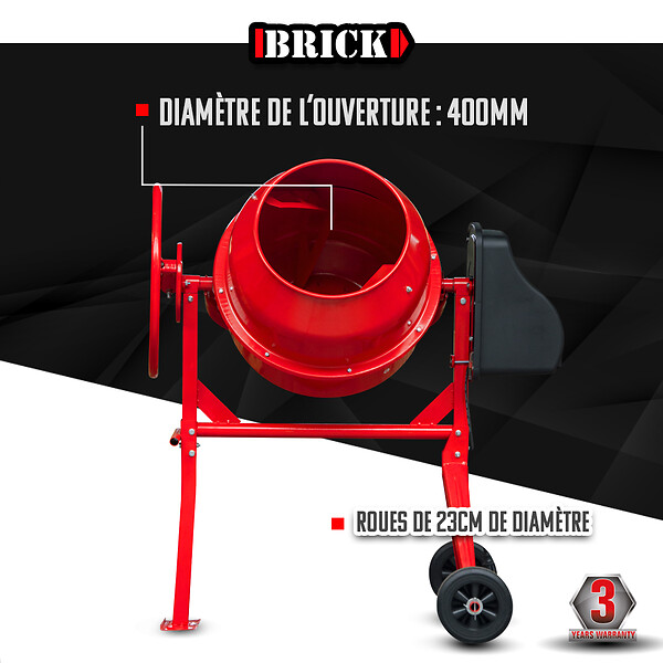 BRICK - Bétonnière 650w - Capacité du tambour 160L - Avec roues - large