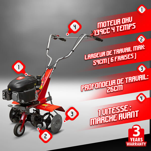 ELEM GARDEN TECHNIC - Motobineuse thermique 139CC - 6 fraises - large