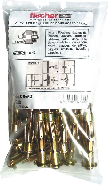 FISCHER - Cheville FISCHER HM-S pour corps creux 6 mm x 37 mm sachet de 25 - large