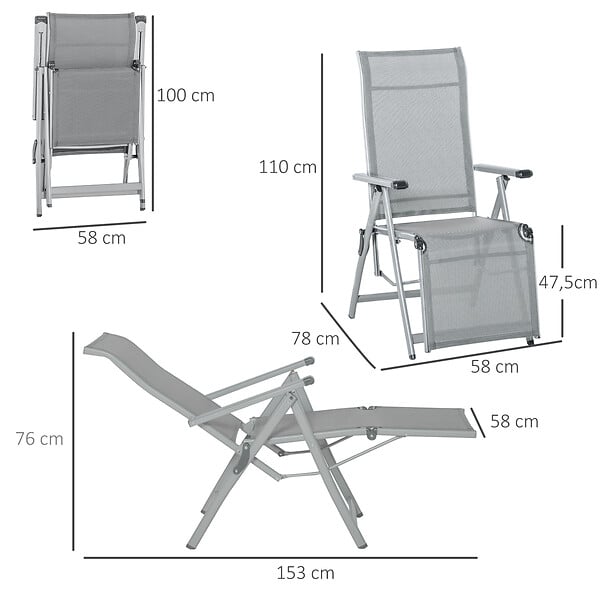 OUTSUNNY - Chaise longue pliable dossier & repose-pied réglable multi-positions métal époxy textilène gris - large
