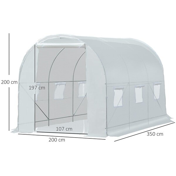 OUTSUNNY - Serre de jardin tunnel surface sol 7 m² 3,5L x 2l x 2H m châssis tubulaire renforcé 18 mm 6 fenêtres blanc - large