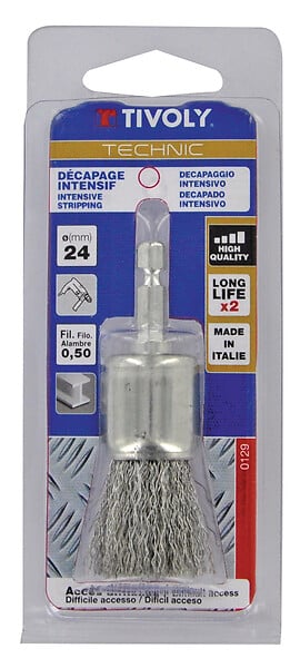 TIVOLY - Brosse pinceau D24mm, fil acier ondulé, décapage métal - large