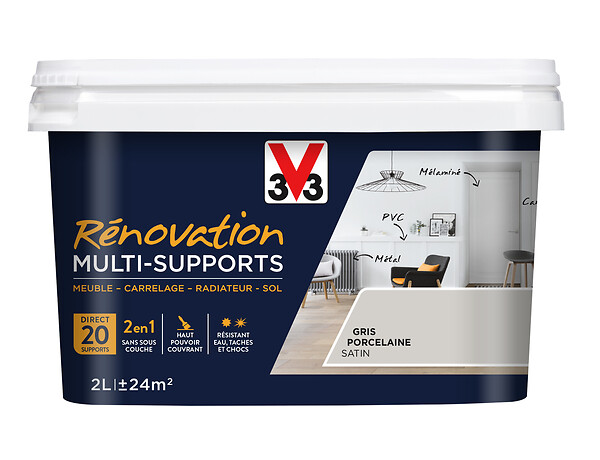 V33 PEINTURE - Peinture renovation multi-support - Satin - Gris porcelaine - 2L - large