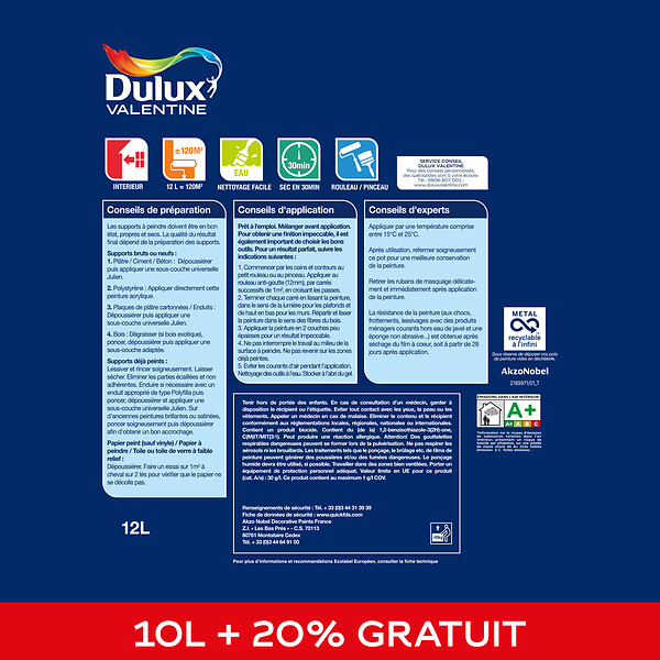DULUX VALENTINE - Peinture Le Blanc Facile - Satin - 10L+20% - large