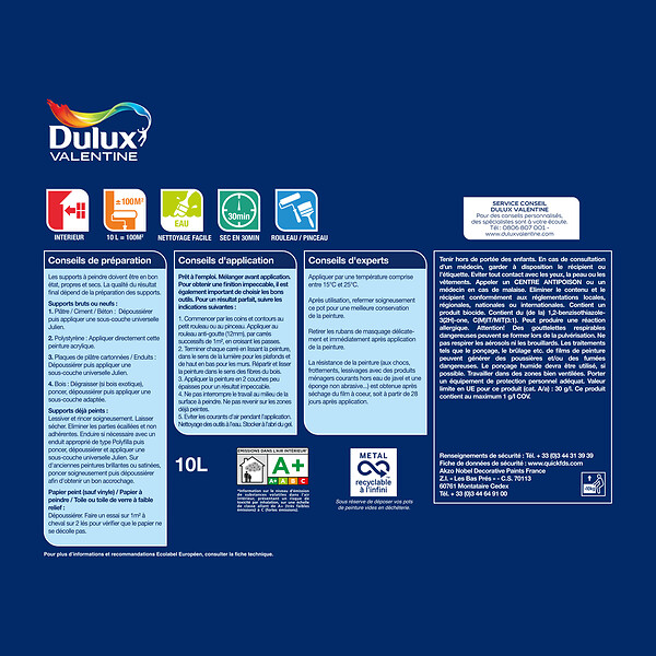 DULUX VALENTINE - Peinture Le Blanc Facile - Blanc - Velours - 10L - large
