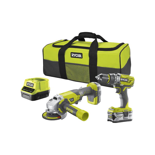RYOBI - Pack Perceuse-visseuse à percussion RYOBI 18V - Meuleuse d'angle One+ 18V - 1 batterie 18V 2.0 Ah - 1 batterie 18V 4.0 Ah - 1 chargeur R18PDAG-242S - large
