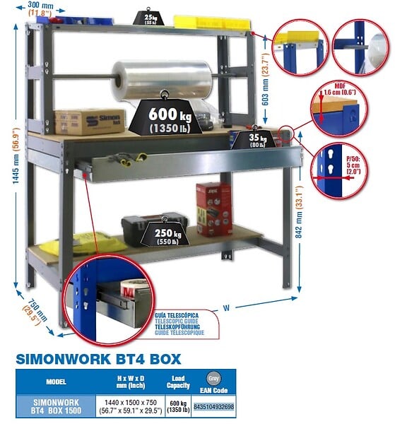 SIMON RACK - Simonrack - Kit Etabli 1440x1500x750mm Charge 600kg -  Simonwork Bt4 Box 1500 Gris Fonce - large
