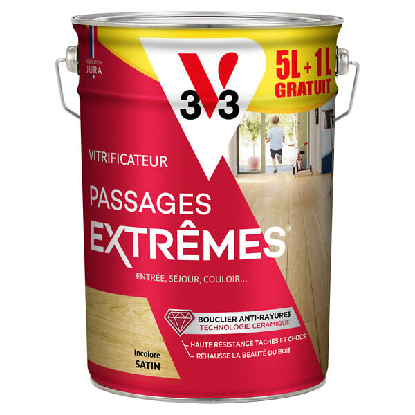 V33 BOIS - Vitrificateur incolore satin parquets, planchers, escaliers - 6L - large