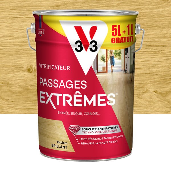 V33 BOIS - Vitrificateur incolore brillant  parquet, plancher, escaliers - 6L - large