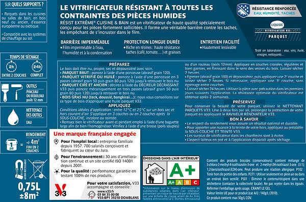 V33 BOIS - Vitrificateur resist extrême Cuisine et Bain incolore mat 0.75 L - large