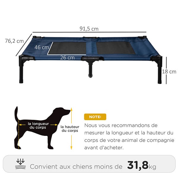 PAWHUT - Lit sur pieds XXL pour chien chat lit de camp animal lit surélevé tissu oxford textilène micro-perforé 92L x 76l x 18H cm bleu marine - large
