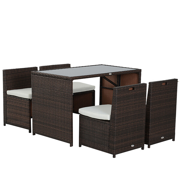 OUTSUNNY - Ensemble salon de jardin encastrable 4 chaises monoblocs avec coussins déhoussables et table résine tressée chocolat - large