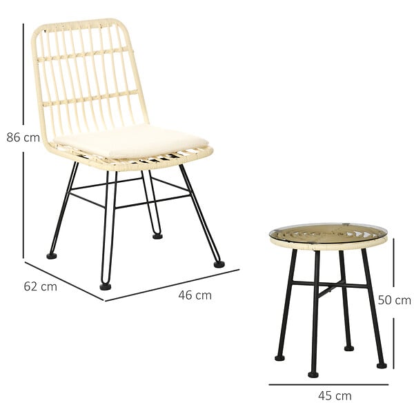 OUTSUNNY - Ensemble bistro de jardin 2 places 3 pièces style exotique 2 chaises + table basse ronde métal époxy noir résine tressée beige - large