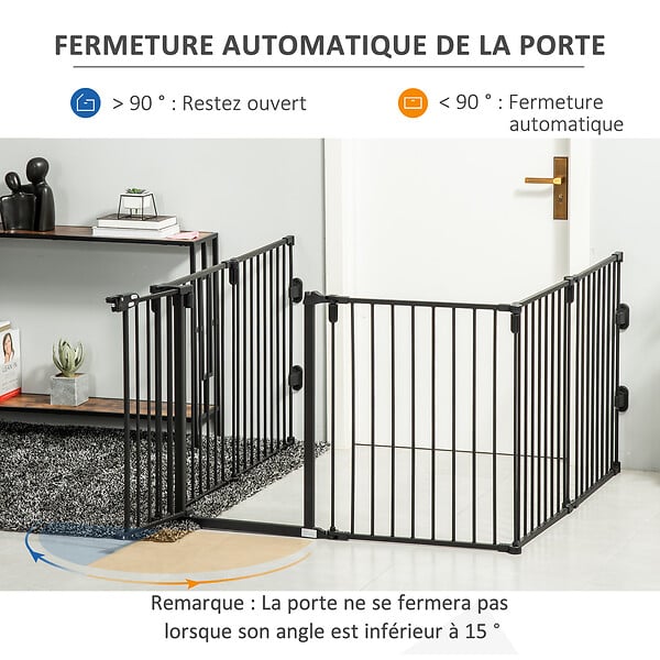 PAWHUT - PawHut Barrière de sécurité - parc enclos chien modulable pliable - porte verrouillable - 6 panneaux acier et PP - dim. 362,5L max. x 76H cm noir - large