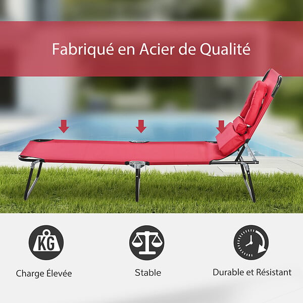 OUTSUNNY - Bain de soleil pliable transat inclinable 4 positions chaise longue de lecture 3 coussins fournis rouge - large