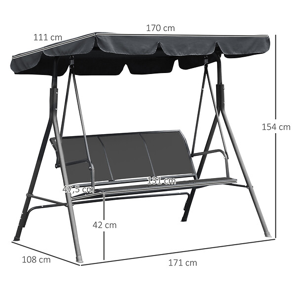 OUTSUNNY - Balancelle de jardin 3 places grand confort toit imperméabilisé inclinaison réglable assise et dossier ergonomique acier textilène gris - large