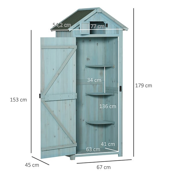 OUTSUNNY - Armoire abri de jardin remise pour outils 3 étagères 2 portes loquets toit pente bitumé 77L x 54l x 179H cm sapin traité bleu - large
