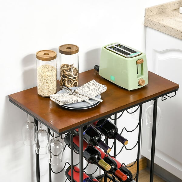 HOMCOM - Homcom Étagère Style Industriel Étagère Porte Bouteilles Casier À Vin 24 Bouteilles Support Verres À Vin Intégré 6 Max. Métal Noir Mdf Aspect Bois Noyer - large