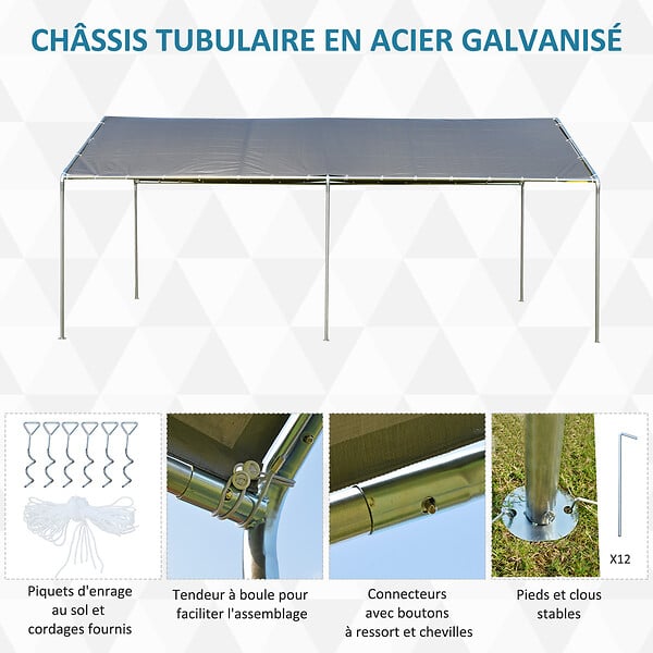 OUTSUNNY - Carport auvent pour voiture 5,95L x 2,90l x 2,60H m acier galvanisé robuste PE haute densité gris - large