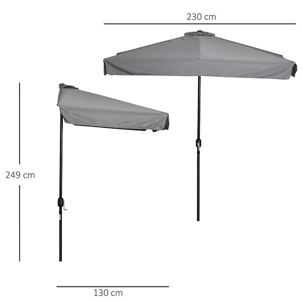 OUTSUNNY - Demi parasol - parasol de balcon 5 entretoises métal dim. 2,3L x 1,3l x 2,49H m polyester haute densité gris - large