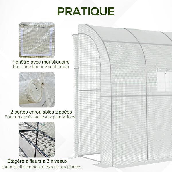 OUTSUNNY - Serre de jardin adossée serre adossée dim. 2L x 1l x 2,13H m 4 étagères 2 portes zippées 1 fenêtre acier PE haute densité blanc - large