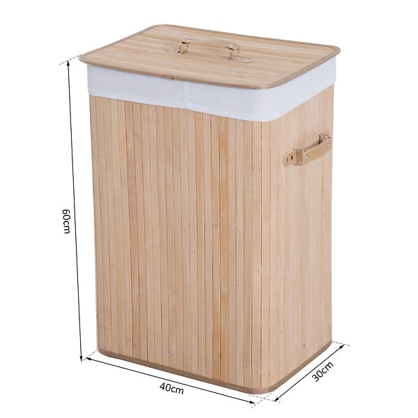 HOMCOM - Panier à linge corbeille à linge bac à linge bambou pliable couvercle sac amovible 3 poignées PU 40L x 30l x 60H cm beige - large