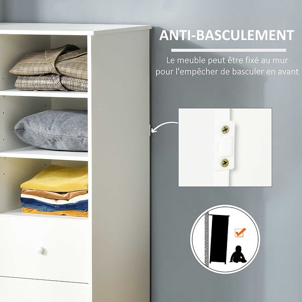 HOMCOM - Armoire - meuble multi-rangements - placard porte 5 étagères, 3 niches, 2 tiroirs - panneaux de particules blanc - large