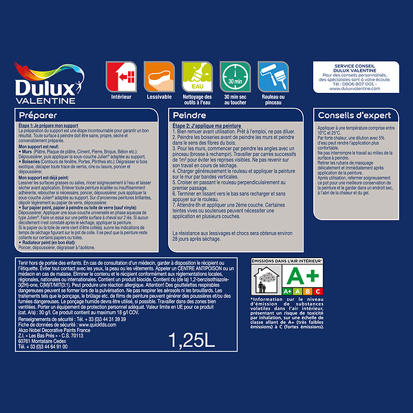 DULUX VALENTINE - Peinture Crème de Couleur - Bleu Gris - Mat - 1,25L - large