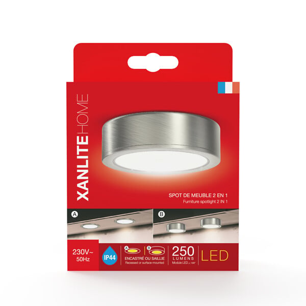 XANLITE - Spot de meuble LED gris, encastrable ou en saillie, éclairage CCT blanc chaud ou blanc neutre au choix, indice IP44, fixation par vis incluse, usage intérieur cuisine, meuble et salle de bain - large
