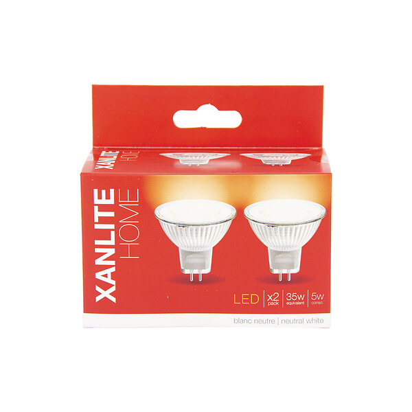 XANLITE - Lot de 2 ampoules SMD LED MR16, culot GU5.3, puissance équivalente 35W, flux 345 lm, lumière blanc neutre 4000 K, angle 36°, usage intérieur, idéale bureau, cuisine et salle de bain - large