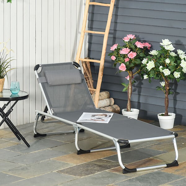 OUTSUNNY - Bain de soleil transat pliable grand confort dossier réglable multi-position tétière alu. textilène gris - large