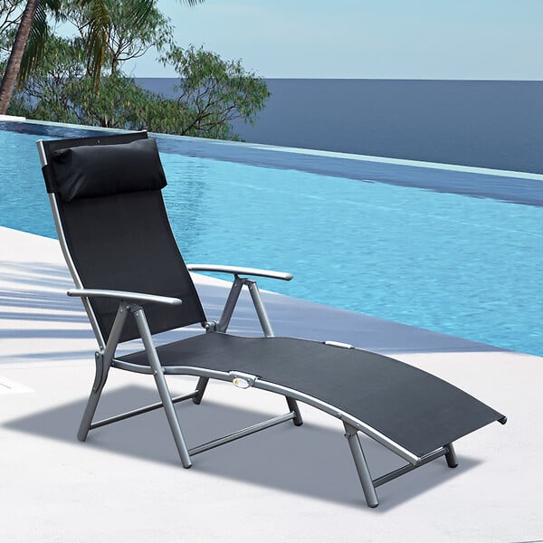 OUTSUNNY - Outsunny transat chaise longue bain de soleil pliable dossier inclinable multi-positions têtière fournie 137L x 64l x 101H cm métal époxy textilène noir - large