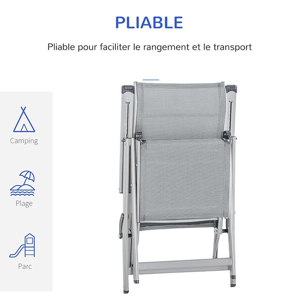 OUTSUNNY - Chaise longue pliable dossier & repose-pied réglable multi-positions métal époxy textilène gris - large