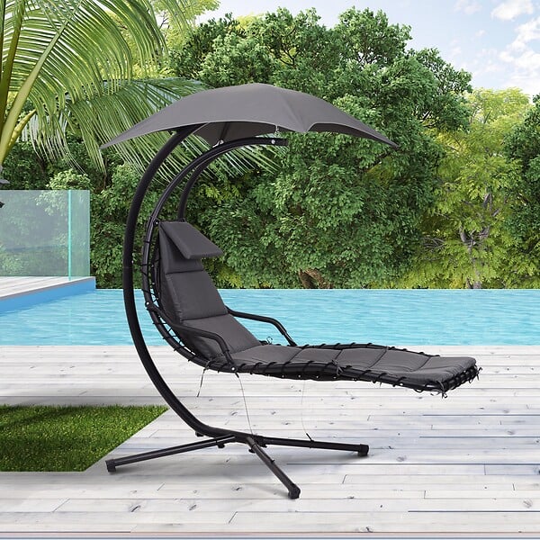 OUTSUNNY - Bain de soleil transat suspendu avec pare-soleil et matelas design contemporain 190L x 115l x 190H cm acier polyester gris foncé noir - large