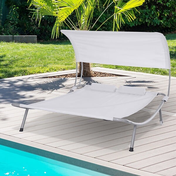 OUTSUNNY - Bain de soleil 2 places lit de jardin design contemporain toit réglable 2 roulettes 2 oreillers acier époxy polyester crème - large