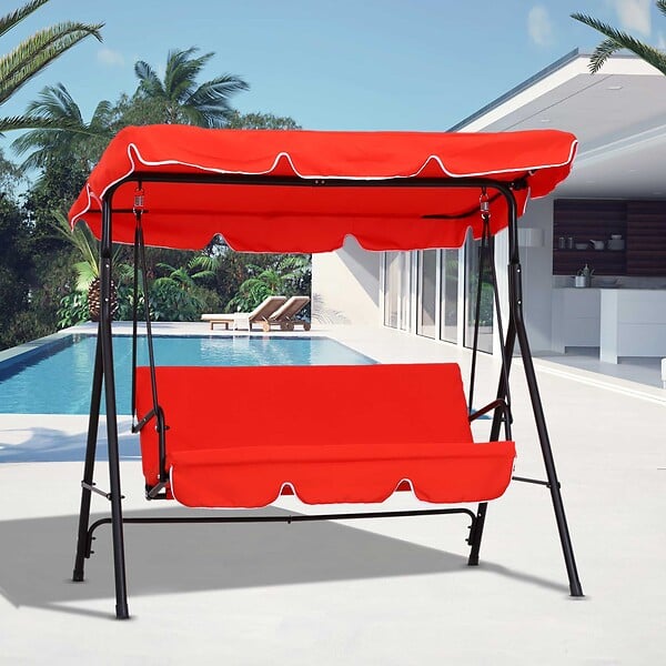 OUTSUNNY - Balancelle de jardin 3 places toit inclinaison réglable coussins assise et dossier 1,72L x 1,1l x 1,52H m acier noir polyester rouge - large