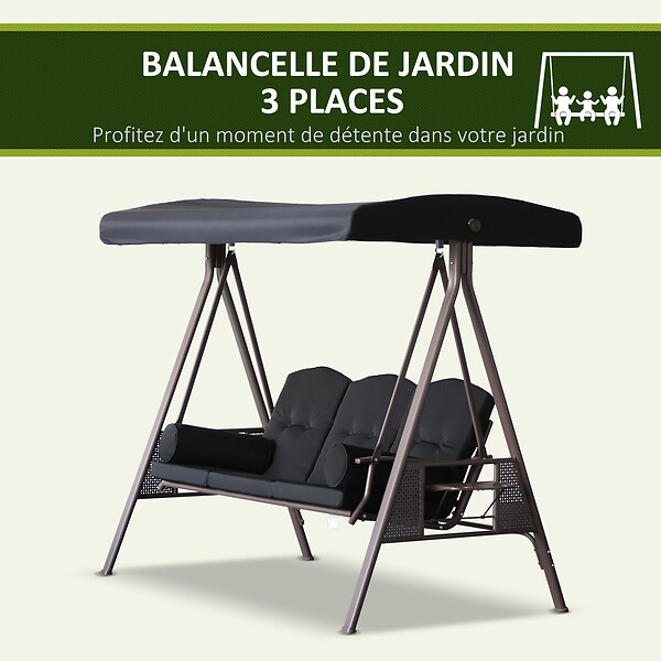 OUTSUNNY - Balancelle de jardin 3 places grand confort toit inclinaison réglable coussins plateaux rétractables polyester filé noir - large