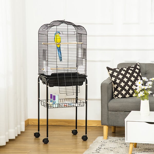 PAWHUT - PawHut Cage à oiseaux volière amovible sur roulettes - toit ouvrant, tiroir déjection, 2 perchoirs, 2 trappes, porte, 2 mangeoires, 2 poignées - étagère - acier PP noir - large