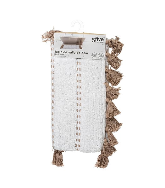 5 FIVE SIMPLY SMART - Tapis de Salle de bain Taupe en Coton avec pompons  50 x 75 cm - large